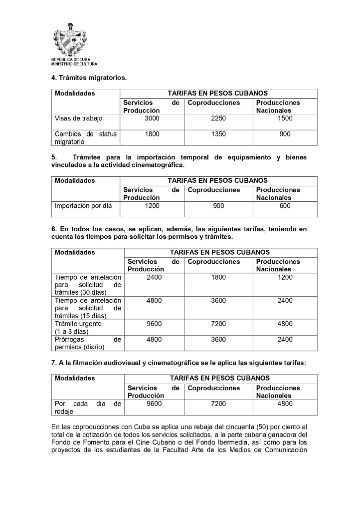 Tarifas para la producción de cine en CUBA, según la propuesta de Resolución 61 que circulo públicamente en enero de 2026