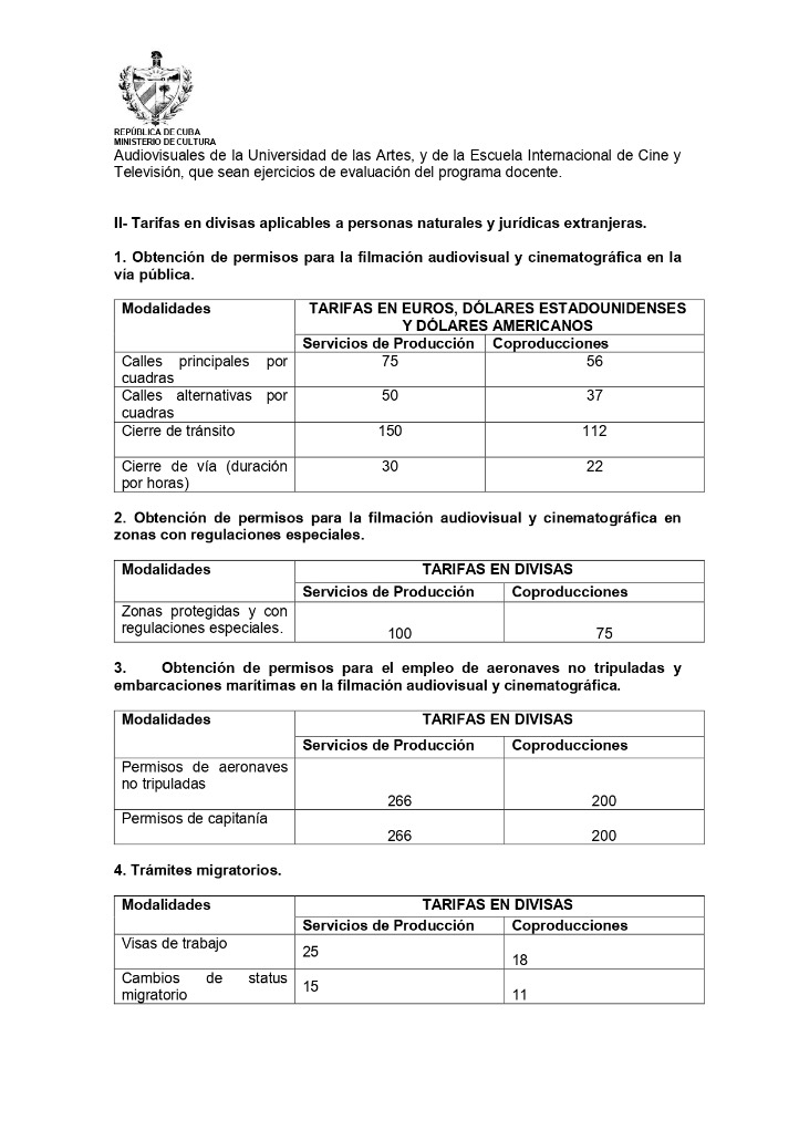 Tarifas para la producción de cine en CUBA, según la propuesta de Resolución 61 que circulo públicamente en enero de 2026